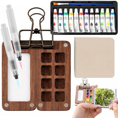 Mini Watercolor Travel Set, Walnut Wood 12 Colors Brush, Sketchbook, 2 Pens