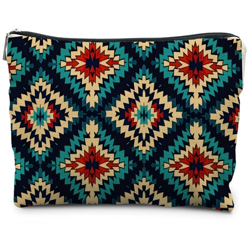 Boho Aztec Makeup Bag, Ethnic Southwestern Navajo Tribal Cosmetic Bag for Women, Western Gifts and Accessories - color: Boho Aztec