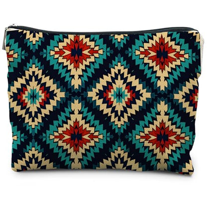 Boho Aztec Makeup Bag, Ethnic Southwestern Navajo Tribal Cosmetic Bag for Women, Western Gifts and Accessories - color: Boho Aztec