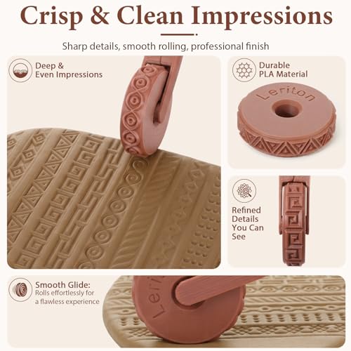 Leriton 11 Pcs Clay Texture Roller with Handle, 10 Patterns Texture Rollers for Clay, Pottery, Ceramics, 3D-Printed Polymer Tools for Home Decor DIY, Miniatures, Tabletop (Classic Style)