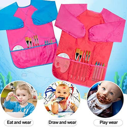 Kids Art Smocks 2 Pack Painting Smock with Long Sleeve and 3 Pockets for Age 3-8 - color: Pink