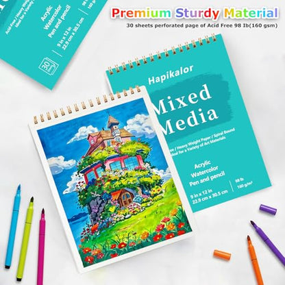 Mixed Media Sketchbook 9"x12" Multimedia Sketchbook, 2-Pack 30 Sheets | Top Spiral Bound Sketch Book, 98lb/160gsm Mixed Media Paper, Watercolor Paper Sketch Pads for Drawing, Painting, Art Supplies - size: 9" x 12"(Pack of 2)