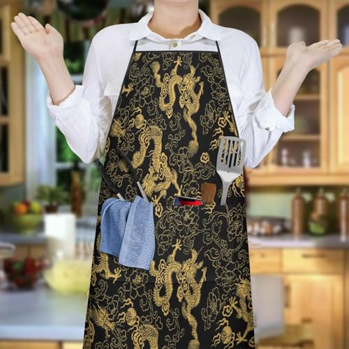 Apron with 2 Pockets,Kitchen Chef Artist Aprons for Cooking Gardening Baking Painting, Waterproof Apron 33" x 27" - color: Chinese Dragon