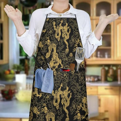 Apron with 2 Pockets,Kitchen Chef Artist Aprons for Cooking Gardening Baking Painting, Waterproof Apron 33" x 27" - color: Chinese Dragon