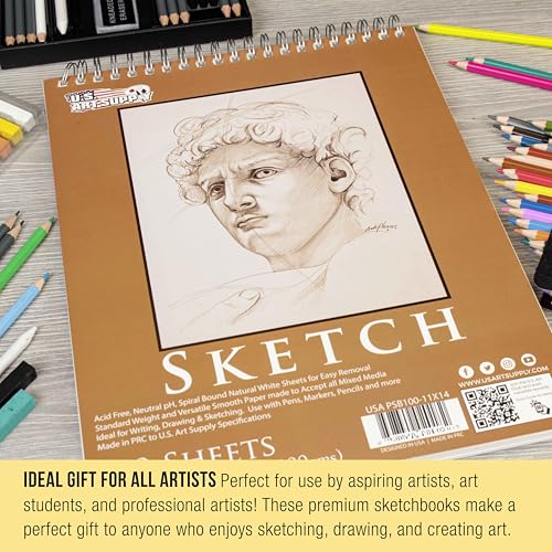 U.S. Art Supply 11"x14" Top Spiral Bound Sketch Book,100 Sheets Each 2-Pack - size: 11-x-14-inch