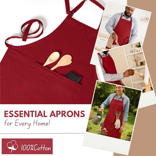 Native Fab Kitchen Apron 2 Pack - 100% Cotton Adjustable, Durable Apron with Pockets, Perfect for Cooking, Baking, Grilling - color: Red