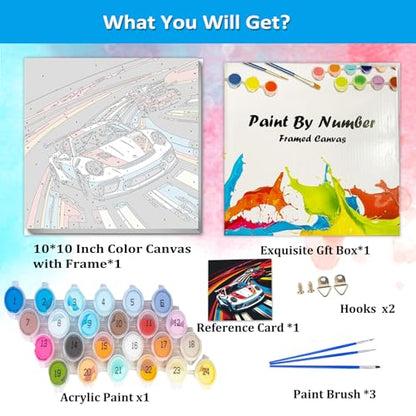 Artunion Framed Paint by Numbers Kit for Adults Beginners & Kids Ages 8-12,Racing Car Paint by Number with Frame,Car Lovers Paint by Numbers Kit on Canvas 10 * 10 Inch Without Easel - color: ZXT-341-F
