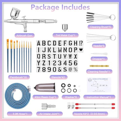 Gyfent Airbrush Kit with Paintbrush & Stencils for Painting | with Quick-Release Nozzle Sets(0.3/0.5/0.8mm) Dual-Action Gravity Feed Air Brush for Art Painting Nail Makeup Cake - size: Basic with Stencils