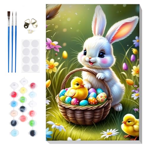 Bowetile Framed Paint by Numbers Easter Kit for Adults, Adults' Paint-by-Number Bunny Kits on Canvas, Painting by Numbers Rabbit, DIY Acrylic Number Painting for Home Wall Decor, 8x12in - color: E-4