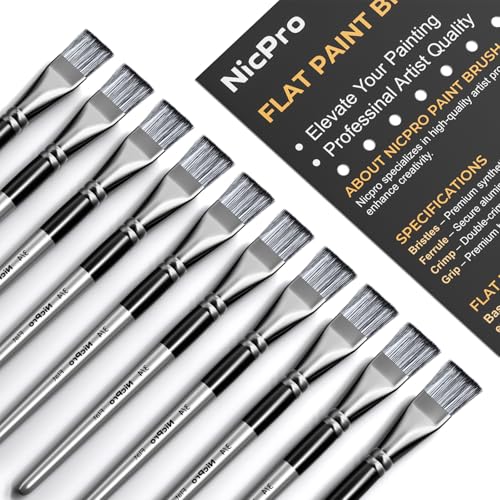 Nicpro 10pcs 3/4 Inch Flat Paint Brushes for Acrylic Painting, Large Paint Brushes Bulk for Acrylic Watercolor Oil, Artist Paint Brush Set for Canvas Painting, Base Coating, Crafts, Face Body Art - size: 0.75 inch x 10 pieces