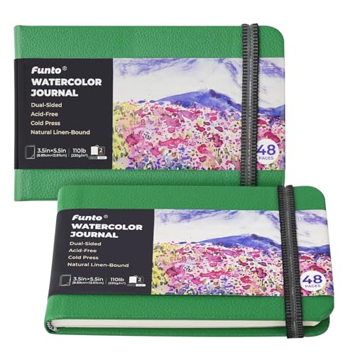 Funto Watercolor Journal, 3.5x5.5, 2 Pack, 24 Sheets Each, Cold-Pressed with Inner Pocket, 110lb/230gsm, Suitable for Techniques and Mixed Media - color: Green-Leather-3.5x 5.5