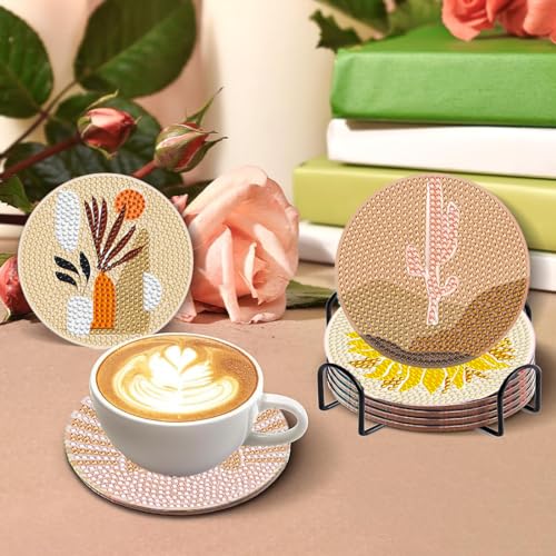 DOTSOPS 8 Pcs Landscape Diamond Painting Coasters with Holder for Beginners - color: Eabstract
