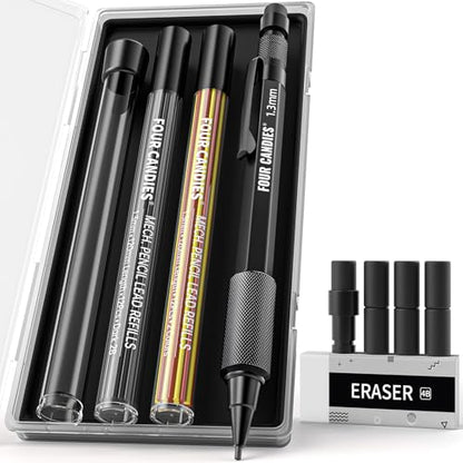 Four Candies 1.3mm Mechanical Pencil Set with 24 Lead Refills, Metal Weatherproof Heavy Duty Outdoor Carpenter Pencil, Eraser, 6 Eraser Refills for Architect Drafting Woodworking Marking with Case - size: 1-Pack, style: Black
