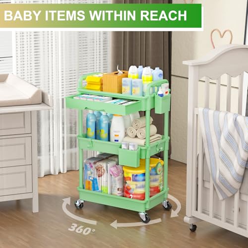 Goovilla 3 Tier Rolling Utility Cart Organizer with Removable Drawer, Green | Stable and Sturdy Rolling Storage Carts with 2 Lockable Wheels for Bathroom, Kitchen, Snack, Craft, Makeup, Baby Essentials - size: 3 Tier, style: Green
