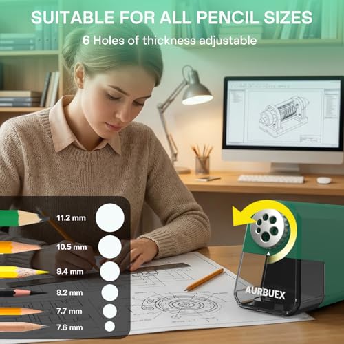 Heavy Duty Electric Pencil Sharpener-6-Hole for 6-12mm Pencils,Auto Start/Stop,Fast 4s Sharpening,Zinc Alloy Blade,10,000+ Sharpenings-Ideal for Classroom,Office & Art Use,Green(S260) - color: Green