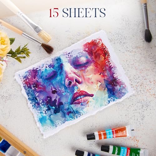 Wanderings Thick Handmade Watercolor Paper with Deckled Edge - A6, 4" x 6" - 500GSM Premium White Cold-Pressed Textured Mixed Media Paper Made with Recycled Cotton - 15 Loose Leaf Sheets - color: White, size: 4x6 inches