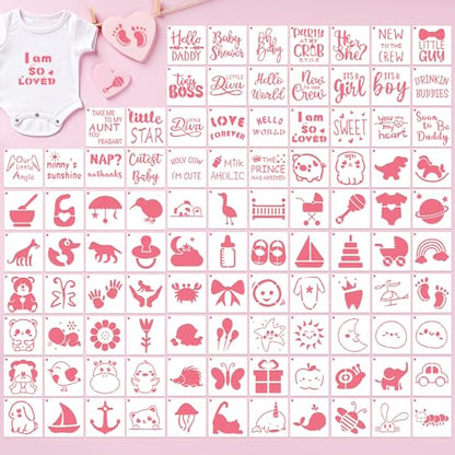 100 Pcs Small Stencils for Crafts, 2 Inch Reusable Cute Stencils for Painting on Wood DIY Craft for Drawing Templates Wall Home Decor Canvas Fabric (Baby Shower) - style: Baby Shower