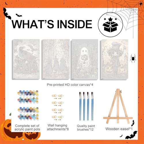 4 Pack Paint by Numbers Kit for Adults - Wooden Easel, Halloween Paint by Numbers with Frame, Halloween Adult Painting by Number Kits on Canvas, Easy Oil Painting Arts Gift Wall Decor 8x12inch