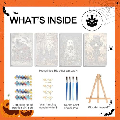 4 Pack Paint by Numbers Kit for Adults - Wooden Easel, Halloween Paint by Numbers with Frame, Halloween Adult Painting by Number Kits on Canvas, Easy Oil Painting Arts Gift Wall Decor 8x12inch