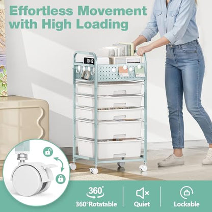 5 Drawer Rolling Storage Cart with Pegboard Top and Hooks, Green - color: Green, size: 5-Drawers