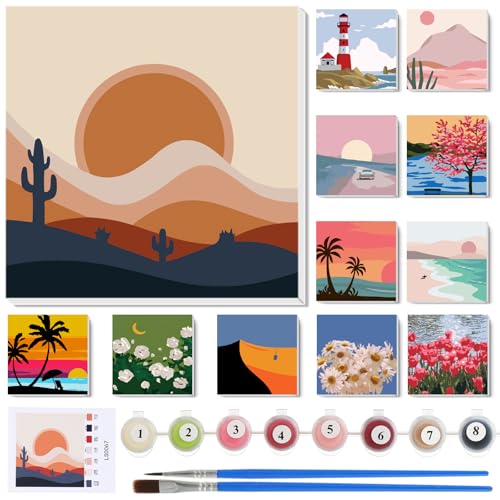 Nezyo 12 Sets Paint by Numbers Kit with Frame for Adults, Acrylic 8x8 Inch | DIY Canvas Ideal for Beginners, Great for Parties and Classroom Activities, Includes Brushes and Paints, Birthday Gift - style: Summer