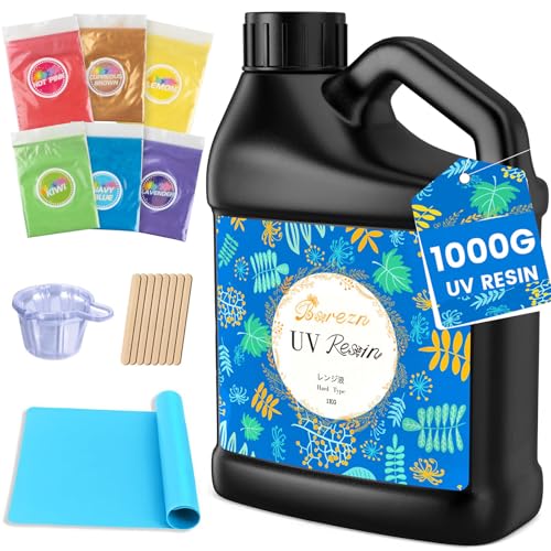 Bsrezn 1000g UV Resin Kit Hard for Jewelry Making and Crafting | Clear & Hard UV Epoxy Resin Glue with Mica Powders of 6 Colors - size: 1000 g kit