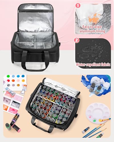 Marscamd Acrylic Paint Organizer Holds 60 Bottles (2 oz), Acrylic Paint Bag | with Tools Storage Sections & Crossbody Strap, Water-repellent fabric, Aluminum-lining, Black - color: Black