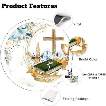 Yeele 12x8ft Mi Primera Comunion Backdrop Gold Chalice Holy Bible Wood Cross First Holy Communion Photography Background Baby Baptism Christening Decoration Banner Photo Props - size: 12x8ft