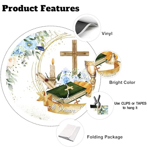 Yeele 5x3ft Mi Primera Comunion Backdrop Gold Chalice Holy Bible Wood Cross First Holy Communion Photography Background Baby Baptism Christening Decoration Banner Photo Props - size: 5x3ft