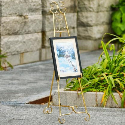 Metal Large Free Standing Adjustable Display Stand Scroll Easel with Chain Support, Gold Easel Stand for Sign, Heavy Duty Easel for Mirror, Wedding, Picture Frame (No Installation Required) - style: Scroll-Gold