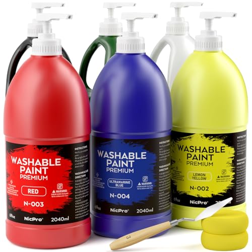Nicpro 6 Colors Large Washable Paint Set (69oz, 2040ml), Acrylic Bulk | Paint Supplies Non Toxic Children Tempera Paint for Art, Craft DIY, Poster & Finger Paint, School, Home,Classroom - color: 6 Colors（W&B）, size: 69 Fl Oz (Pack of 6)