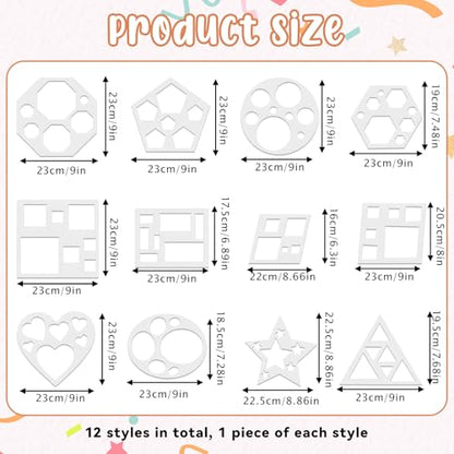 JJUNW Large Art Painting Template, 12Pcs 9in Geometric Drawing Stencil | Circle Square Heart Star Template Set Simple Drawing Stencils for Wood Wall Fabric Rock Chalkboard Signage Painting DIY Craft - size: 9in