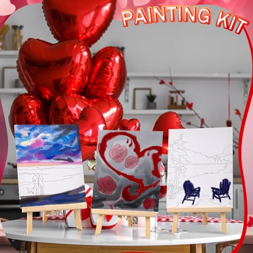 Motipuns 12 Set Couples Painting Kit Date Night Sip and Paint Kit | 8 x 10 Inch, Pre Drawn Canvas to Paint, Pre Printed Canvas with Easels Paints Brushes Aprons, Adult Romantic Party Supplies - style: Romantic Date