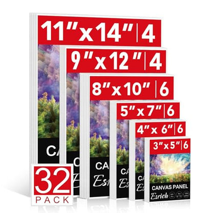 ESRICH Canvas Boards for Painting 32 Pack Art Supplies Paint Canvas 3x5, 4x6, 5x7, 8x10, 9x12, 11x14 Blank Large Canvases for Painting-Cotton Primed Canvas Panels for Acrylic, Oil, Gouache & Tempera. - size: 32 Packs Canvas Panel - 6 Sizes