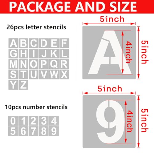YEAJON 5 Inch Letter Stencils and Numbers, 36 Pcs Alphabet Art Craft Stencils, Reusable Plastic Templates for Wood, Wall, Fabric, Rock, Signage - size: 5 Inch