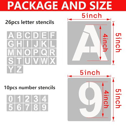 YEAJON 5 Inch Letter Stencils and Numbers, 36 Pcs Alphabet Art Craft Stencils, Reusable Plastic Templates for Wood, Wall, Fabric, Rock, Signage - size: 5 Inch