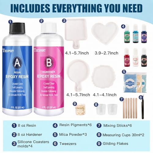Teexpert Epoxy Resin Kit for Beginners, Resin Kit with Coaster Molds, Silicone Molds Kit, Pigments, Crystal Clear Art Resin, Casting & Coating for DIY Coasters 16 FL.OZ