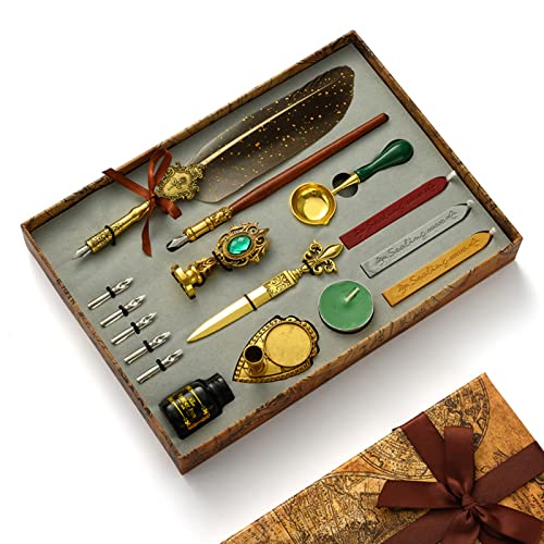 Joyeee Quill Pen and Ink Set, 16 Piece Antique Calligraphy Writing Dip Pen & Wax Seal Stamp Kit with Retro Gift Box, Handwriting Lovers and Calligraphy Lover Holiday & Birthday Gift Idea #80 - color: #80 Grey