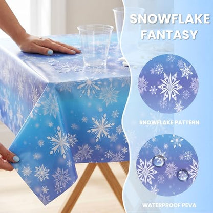 100FT x 54IN Snowflake Plastic Tablecloth Roll with Slide Cutter Box | Heavy Duty Disposable Blue & White Table Cover Wall Backdrop, Cut-to-size for Frozen Birthday Party Supplies - color: Blue and Purple Snowflake, size: 1200" x 54" (Rectangular)