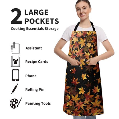 Fall Aprons for Adults Women Men Golden Red Maple Leaves Apron with Pockets Adjustable Strap Kitchen Chef Apron Black Cooking Apron for Cooking Barbecue Crafting Sewing - color: Fall Maple Leaves