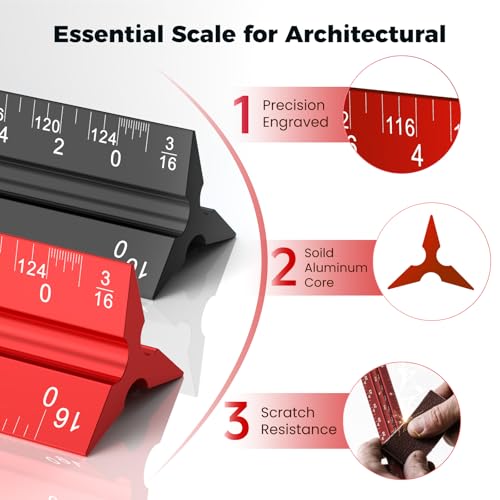 Rena Chris 2PCS Architectural Scale Ruler: 12" Imperial Aluminum Alloy Metal Architecture Measuring Tools, Engineering Drafting Construction Drawing Blueprints Triangular Architect Scaling Rulers - color: Red+Black