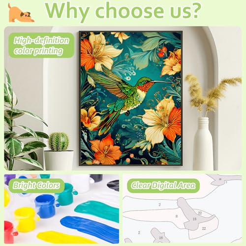 Reivworl Hummingbird Paint by Numbers Kit for Adults Beginner 16×20 inch | Hummingbird Paint by Number Kits 16×20 inch, Crafts on Canvas with Gifts. - color: 16-Hummingbird
