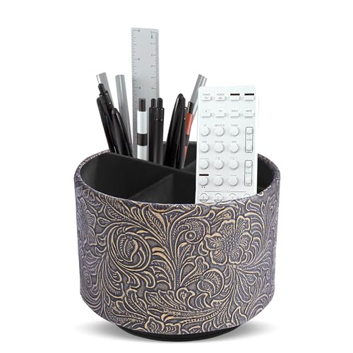 Round Leather Art Supply Organizer,Remote Control Holder,360 Degree Spinning,Multi-Functional Pencil Holder,4 Compartments Desktop Stationary Organizer(1-Carved Cooper Gold) - color: 1-Carved Cooper Gold