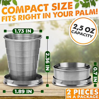 Collapsible Shot Glass with Lid - 2.5Oz (75ml) Stainless Steel Travel Shot Glasses, Rust & Bend Resistant, Keychain for Easy Portability - Collapsible Cups for Traveling, Fishing, Camping | Travel Shot Glasses; Rust-, Weather- and Bend-Resistant; Keychain