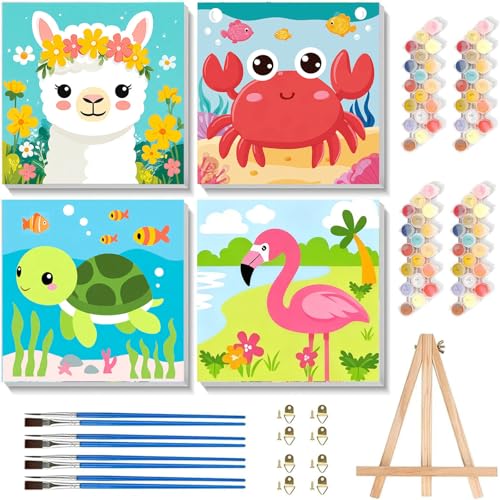 Gemozaic 4 Pack Paint by Numbers Kit for Kids Age 4-12 with Frame and Easel | Cute Animals Kids Paint by Number for Age 4-6-8, Kids' Easy DIY Acrylic Oil Numbers Painting for Gift Home Decor, 8x8 Inch - color: BKH2026-BKH2029