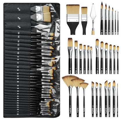 Nicpro 30pcs Paint Brush Set, Professional Paintbrushes with Paint Spatula and Cloth Roll, Craft Paint Brushes for Acrylic Painting, Oil, Watercolor, Gouache, Art Supplies for Artists and Beginners - color: Black