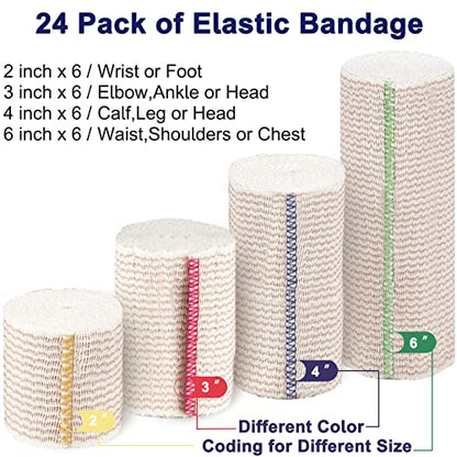 24 Pack Elastic Bandage Wrap (6x2”, 6x3, 6x4, 6x6) Compression Bandage Wrap with Hook and Loop Closure on Both Ends Self Adhesive Bandage Wrap for Sports, Medical, and Injury Recovery - size: 2 Inch/3 Inch/4 Inch/6 Inch