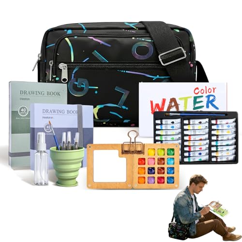 24-Color Mini Watercolor Travel Set, Premium Walnut Wood Travel Palette with Crossbody Bag, 2 Sketchbooks, 3 Brushes & Water Cup - All-in-One Portable Watercolor Kit for Artists, Beginners, Plein Air