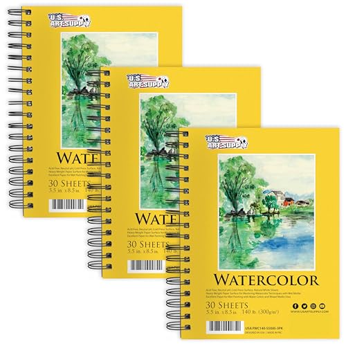 U.S. Art Supply 5.5" x 8.5" Premium Heavyweight Watercolor Paper Pad,3-Pack - size: 5.5-x-8.5-inch