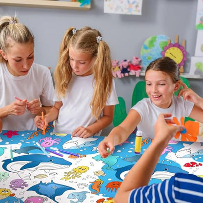 Giant Under The Sea Party Coloring Tablecloth for Kids - Huge Ocean Animals Theme Table Cover Large Under The Sea Shark Painting Poster for Children Birthday Party Supplies 54x108 Inch - color: Ocean